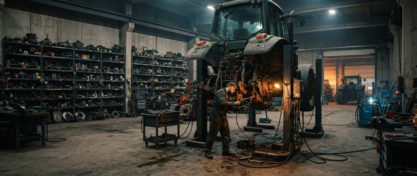 Atelier de mécanique agricole avec un tracteur en intervention