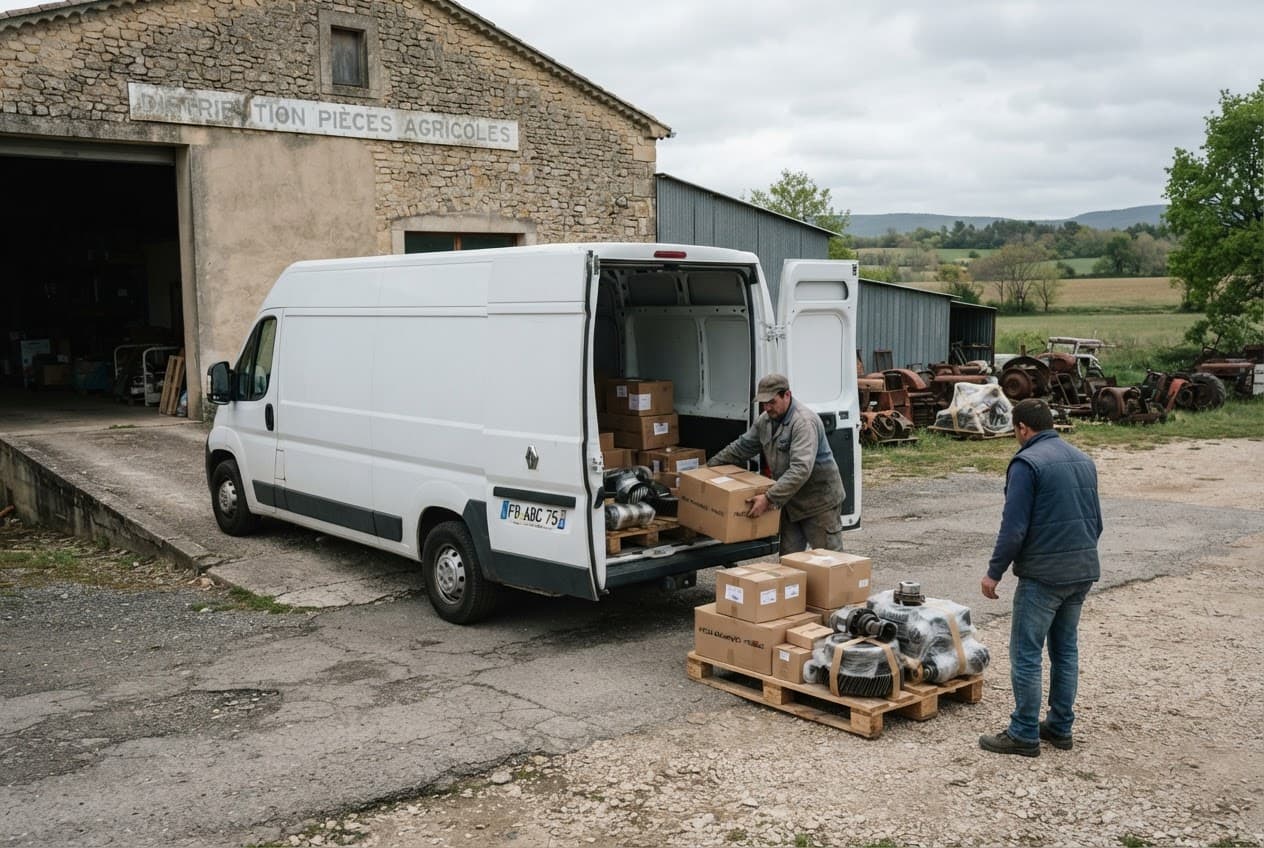 Chargement de pièces détachées agricoles dans un utilitaire